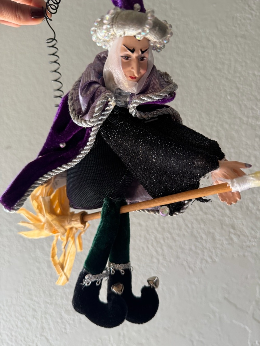 Velvet Witch Broomstick Ornament in Purple and Black